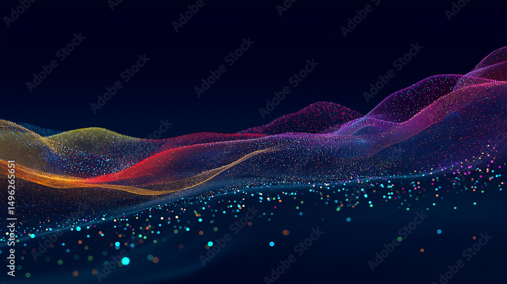 Fototapete A digital rendering of flowing data points forming colorful waves against a dark background.  The image evokes a sense of movement and connectivity.