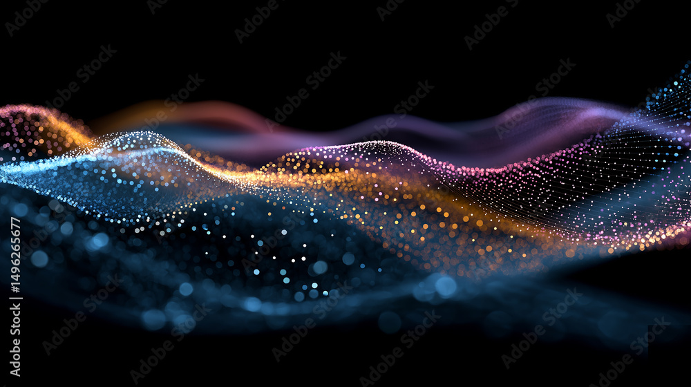 Poster a digital rendering of flowing particles forming colorful waves against a dark background. the image
