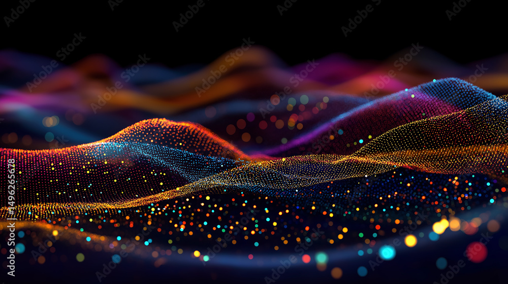 Poster an abstract image depicting vibrant, multicolored particles forming undulating waves against a dark 