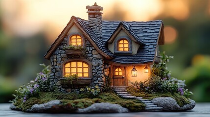 Fototapeta premium Miniature stone cottage nestled on a moss-covered base, bathed in warm light