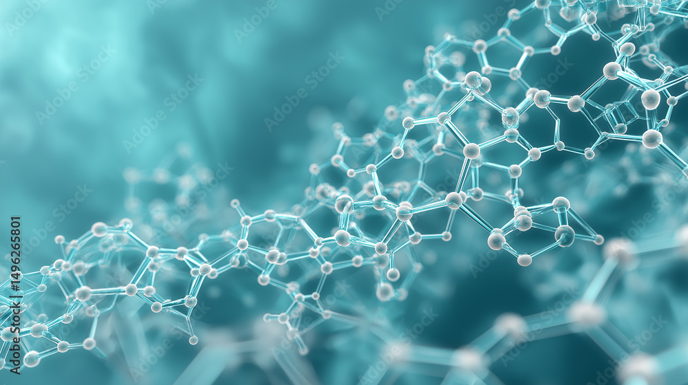 Poster a 3d rendering depicts a complex network of interconnected molecules in a teal background. the image