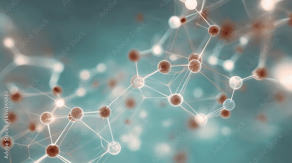 Poster an abstract image depicting a complex network of interconnected spheres representing a molecular str