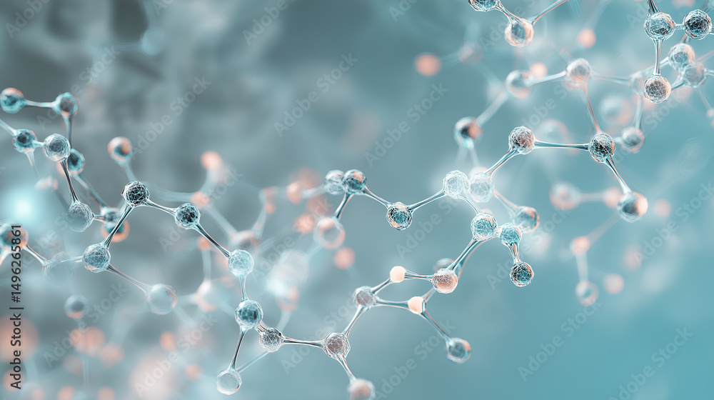 Poster a 3d rendering depicts numerous interconnected molecules with crystalline structures and bonds again