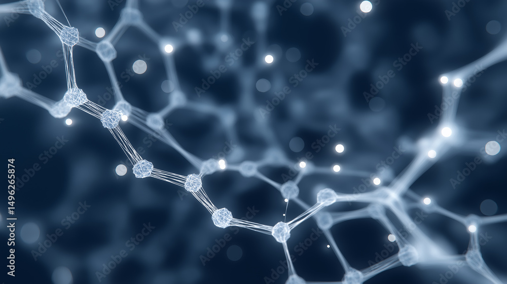 Poster an abstract image depicting a complex network of interconnected nodes and glowing points against a d