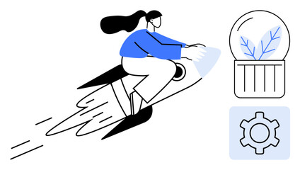 Woman on a rocket symbolizes creativity and progress. Nearby symbols include a gear for innovation and a plant in a bulb for growth. Ideal for entrepreneurship, success, digital startups, career