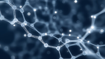 Obraz premium An abstract image depicting a complex network of interconnected nodes and glowing points against a dark blue background. It evokes concepts of connectivity and molecular structures.