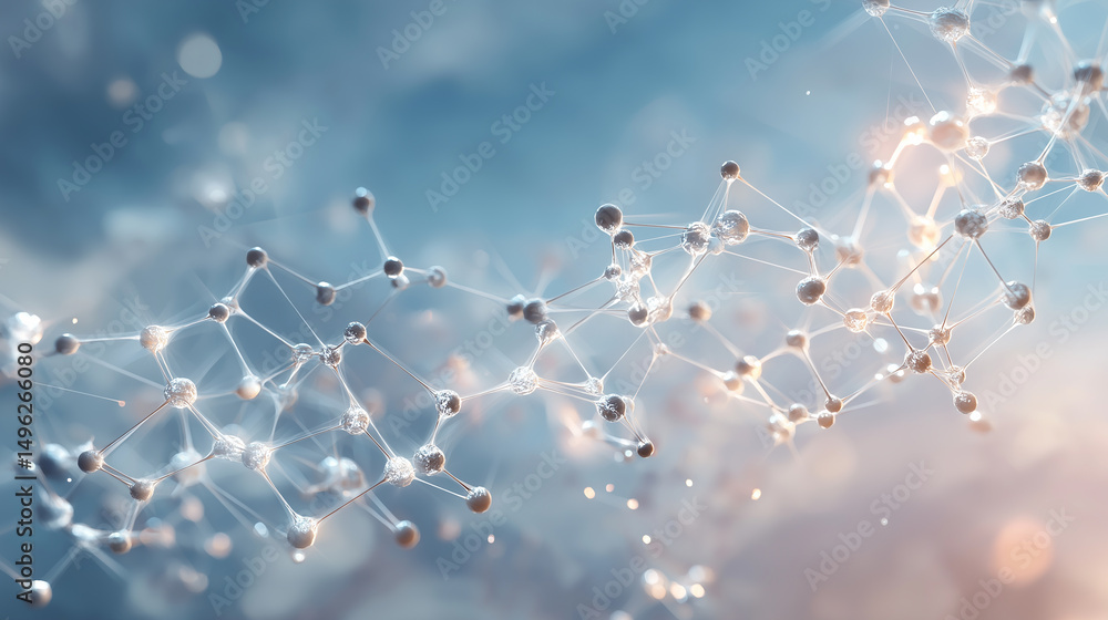Poster a 3d rendering of a complex molecular structure with interconnected nodes and bonds against a soft b