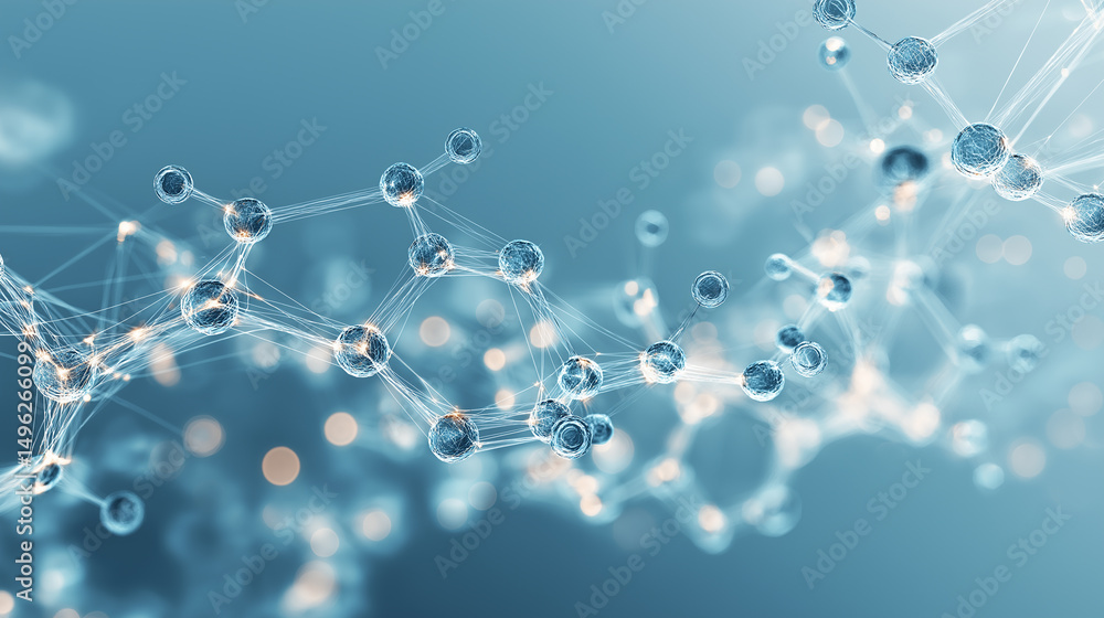 Poster a digital rendering of a complex molecular structure, showcasing interconnected nodes and glowing li