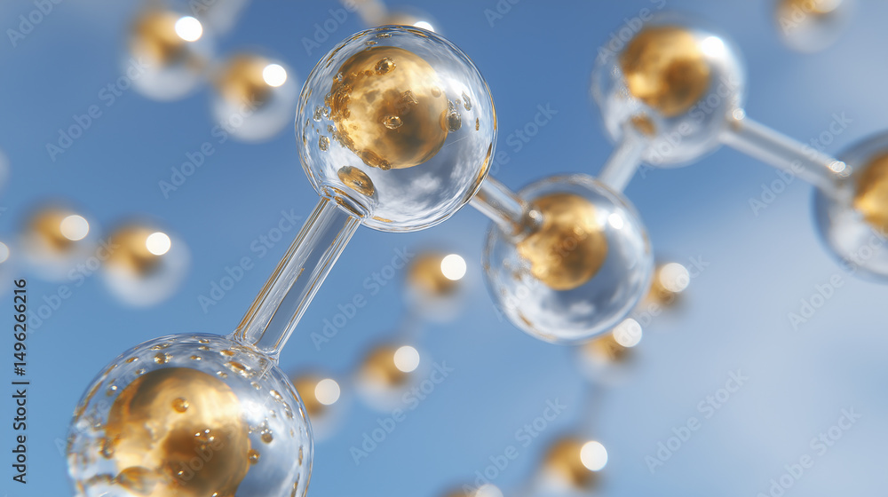 Poster a 3d rendering depicts a detailed close-up of a molecule's structure. glass spheres containing gold-