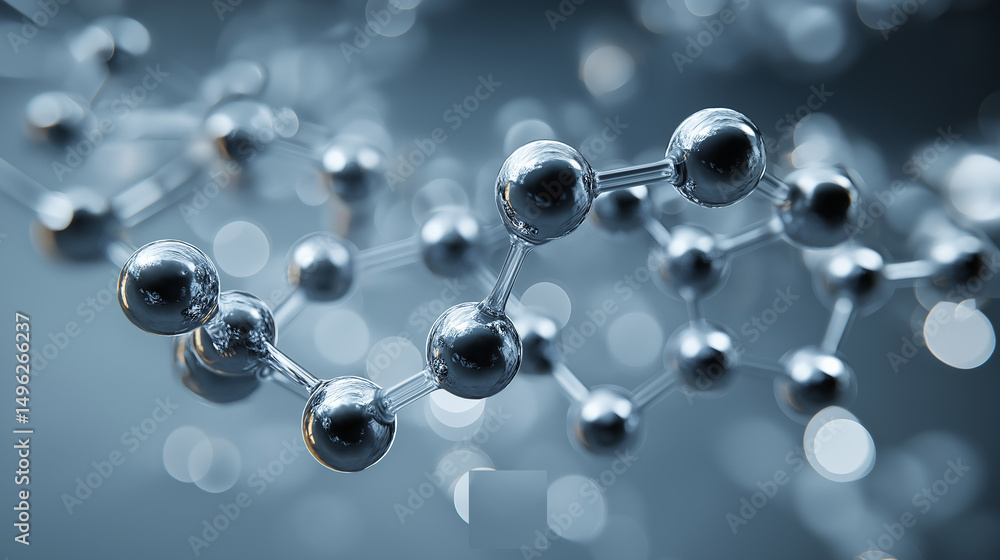 Poster a detailed 3d rendering showcases a complex molecular structure with metallic spheres and connecting