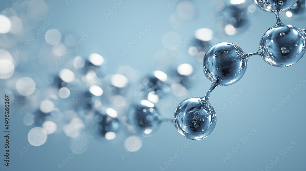 Poster a close-up image showcasing a 3d rendering of a molecule structure composed of transparent, water-li