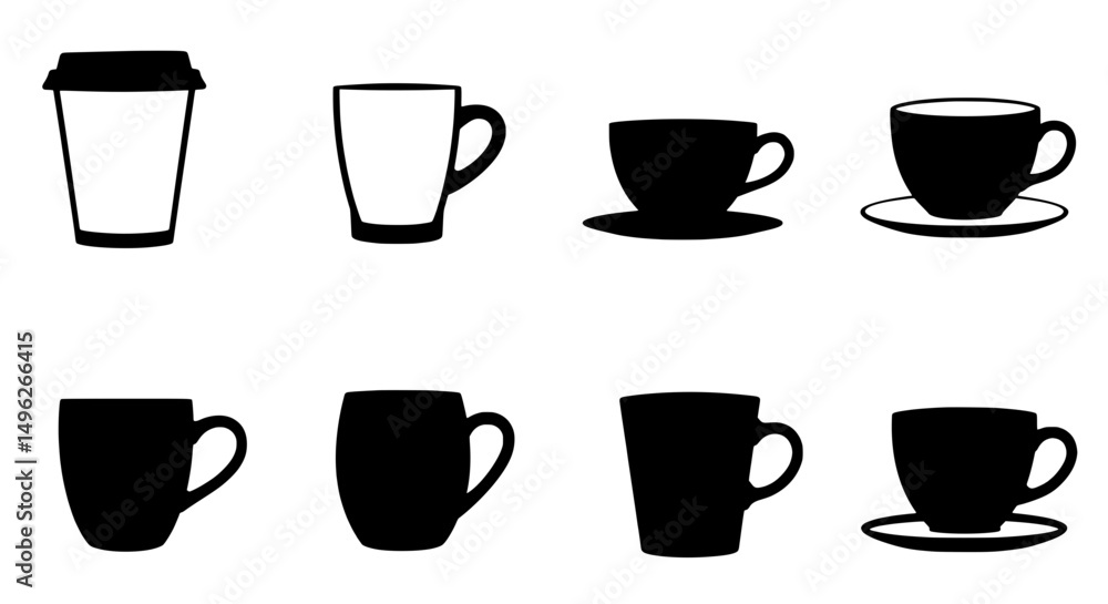Poster diverse mug collection: a collection of assorted mugs in various designs. ideal for cafe menu or des