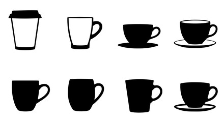 Diverse Mug Collection: A collection of assorted mugs in various designs. Ideal for cafe menu or design elements. 