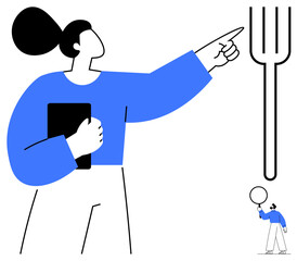 Woman holds tablet, pointing toward an oversized fork while a smaller figure holds a balloon. Ideal for teamwork, creativity, education, leadership, problem-solving, imagination, simple landing page