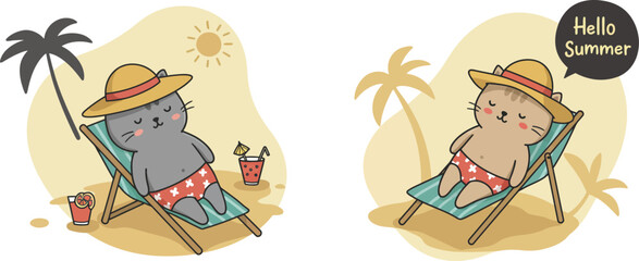 Relaxing bear characters enjoying summer vacation with sun hats and drinks on beach chairs vector illustration 