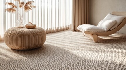 Floor-length pleated curtains meeting a soft beige polypropylene carpet in a cozy room