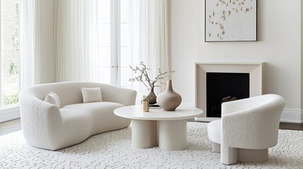 Floor-to-ceiling eyelet curtains in neutral tones paired with a modern white rug