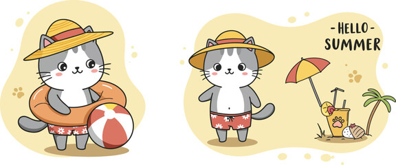 Cute cat on summer beach with hat and ball in red shorts vector illustration for seasonal leisure activities 