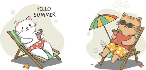 Naklejka premium Relaxing cats lounging on beach chairs with summer theme and tropical palm trees vector illustration 