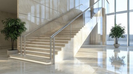 Obraz premium Luxurious staircase with stainless handrail glowing under subtle step lighting