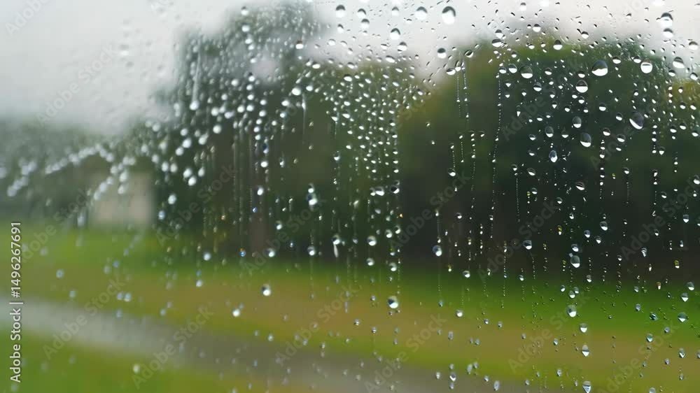 Poster Raindrops cascade down a window pane, creating a blurred, abstract view of a green field and trees in the background