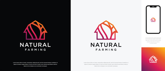 Nature farm house logo design. Nature leaf farm logo template. Farming and ranch logo symbol icon