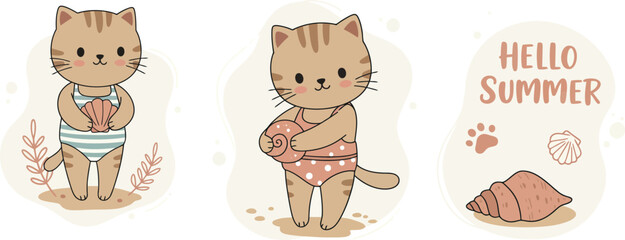 Cute cartoon cats playing with balls of yarn in summer outfits vector illustration 
