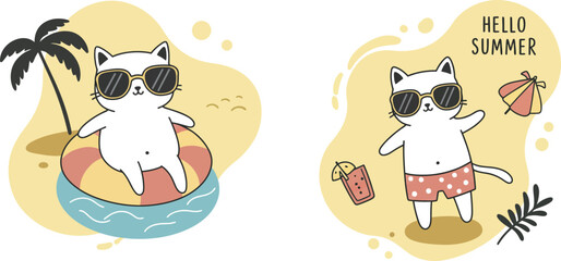 Cute cat in sunglasses with summer pool float and refreshing drink vector illustration for warm season fun and relaxation 