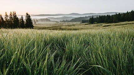 Lush green meadow at dawn, bathed in morning light.