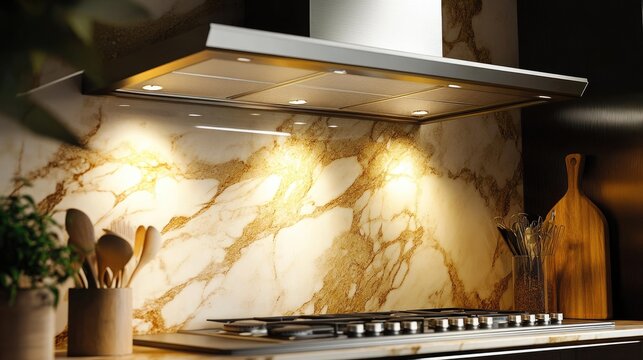 Stainless steel kitchen hood and backsplash with integrated soft lighting and marble countertops