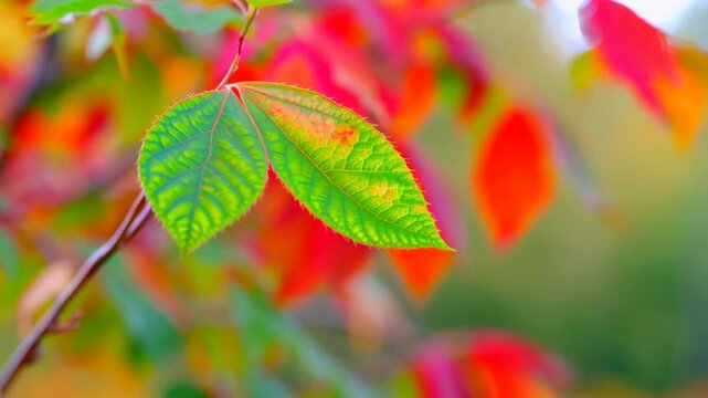 Two vibrant green leaves transitioning to autumn colors amidst a blurred background of red fall foliage.