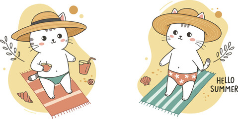 Fototapeta premium Cute cats enjoying summer vacation with sunglasses and beach umbrella vector illustration 