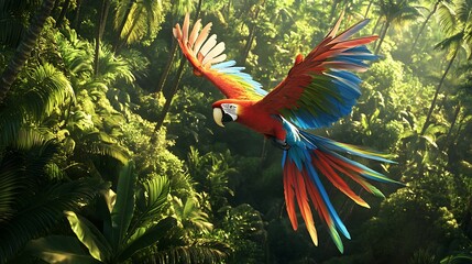 Colorful macaw in flight through a lush jungle.