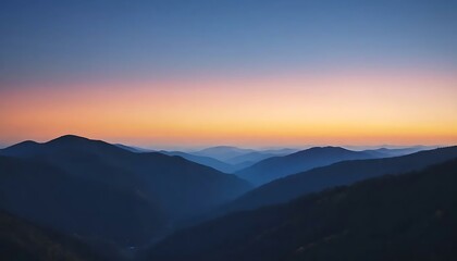 Fototapeta premium Layers of serene mountain silhouettes fade into the horizon under a soft, pastel dawn sky.