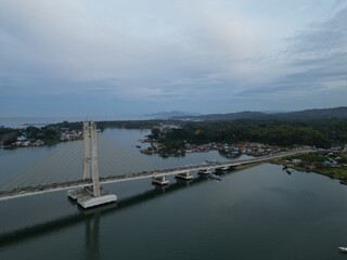 Aerial view of Kendari Bridge, landmark of Kendari city in Kendari Bay