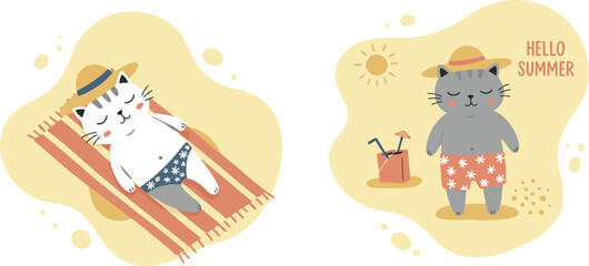Woman in floral swimsuit holding cocktail and otter with summer theme vector illustration for warm season relaxation and vacation activities 