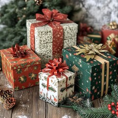 Festive gift boxes adorned with holiday patterns and ribbons.