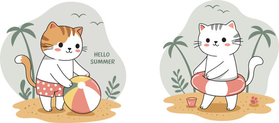 Cute cats playing on summer beach with ball and wearing hat and shorts in warm sunny day vector illustration 