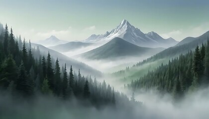 Obraz premium A serene mountain landscape with fog rolling through valleys and evergreen forests, soft lighting.
