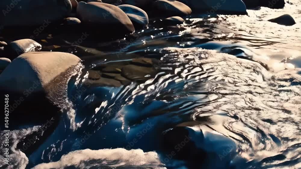 Poster cascading river water flows smoothly over rocks, creating beautiful reflections and movement in a na
