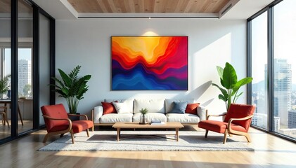 Sleek modern office interior with abstract artwork, large windows, and stylish furniture  Perfect for corporate presentations and marketing materials ,  chair,  technology
