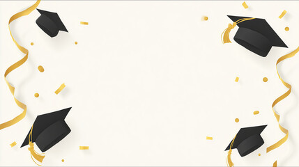 Diagonal Arrangement of Flat Graduation Caps and Curling Metallic Ribbons on Pure Ivory Background, Modern Minimalist Design with Central Negative Space for Text Overlay.