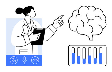Doctor holding a clipboard, pointing at a brain diagram with data bar graphs and a call interface. Ideal for healthcare, telemedicine, neurology, diagnostics, AI in medicine, medical research, simple