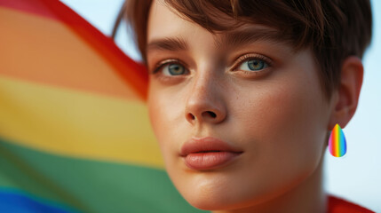 Young Woman With Short Hair Proudly Holds Pride Flag Near Modern Building in Morning Light, Showcasing Vibrant Rainbow Earrings