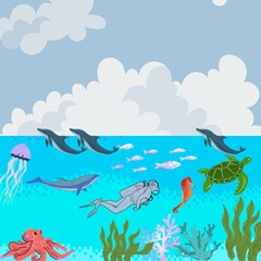 Underwater Marine Life Vector Illustration with Diver and Ocean Animals. 
