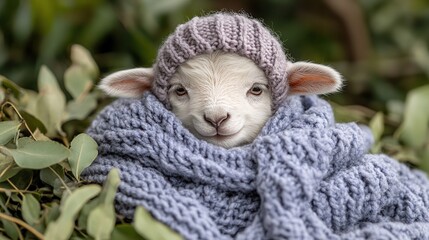 Fototapeta premium Adorable lamb in a knitted hat and scarf