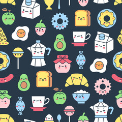 Cute food and drink seamless pattern. Vector kawaii breakfast background with croissant, egg, apple, toast, tea, candy, avocado, strawberry, donut, fried eggs, cookie, milk, cheese, coffee maker.