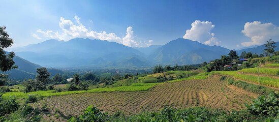 Naklejka premium Mountain Landscape with Rice Field Terraces and Blue Sky