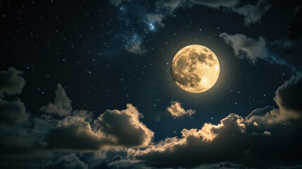 Serene full moon illuminating a night sky with stars and soft clouds