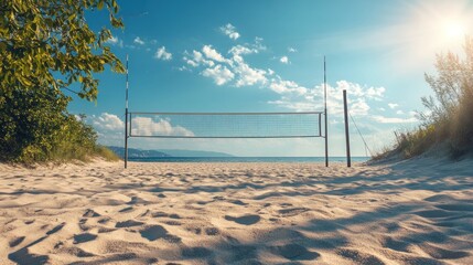 Sun-Kissed Sands: A Volleyball Net Awaits on the Tranquil Shoreline